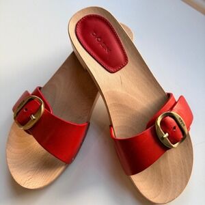 DÔEN Mercata Red Leather Wooden Clog Sandals Buckle Slip on Mule  EU 36/ US 5.5
